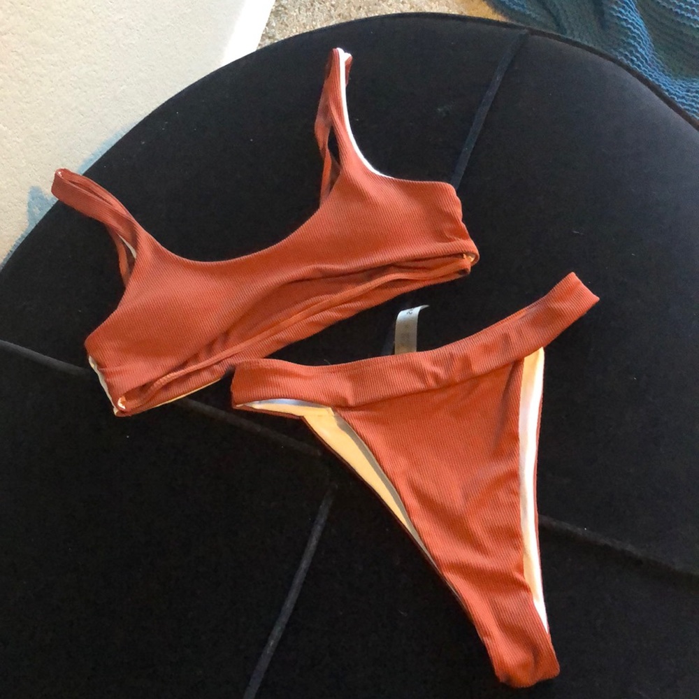 SHEIN Rust Orange Ribbed Bikini Set